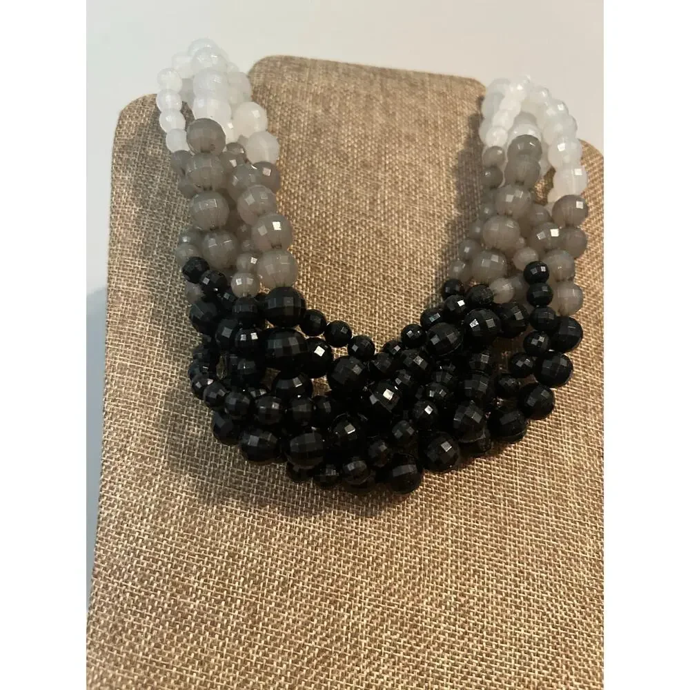 Multi Strand Ombre Bead Necklace Black Gray White Gradient Statement 18 Inch